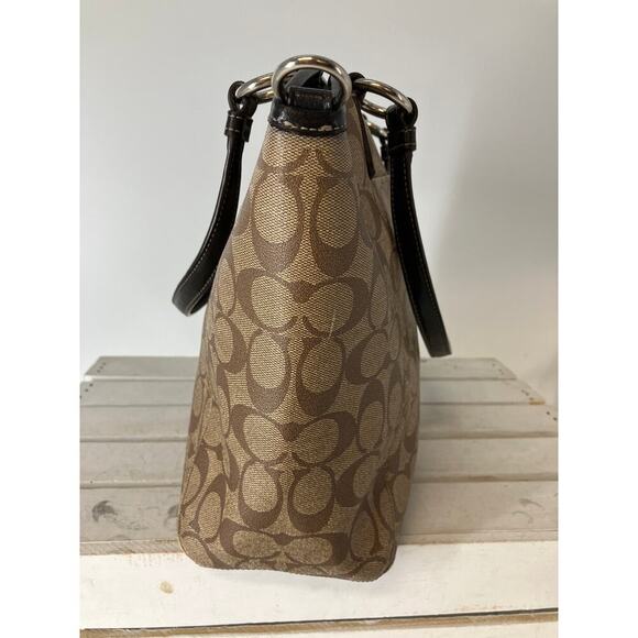 COACH F19816 LARGE TAN, BROWN PVC SIGNATURE PRINT HANDBAG - Picture 5 of 16